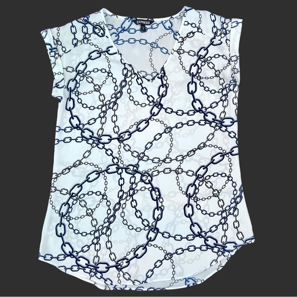Express top blouse V-Neck chain‎ links White and Blue short sleeve - Picture 4 of 7